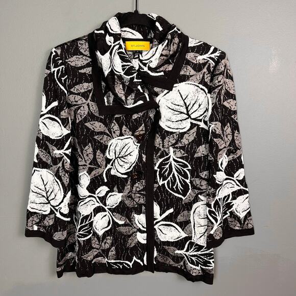 St. John sweater cardigan‎ size 12 floral buttons wool brown roll tab collar - Picture 5 of 15